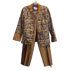 Etro Milano Womens Bronze Woven Silk 2 Piece Pant Suit Set Jacket 4 Trousers 2